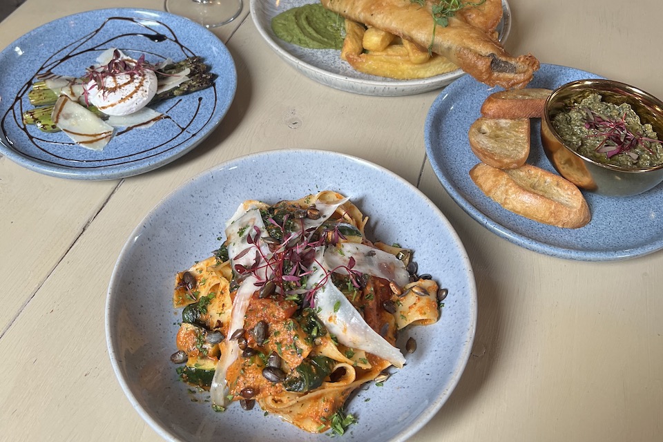 Schoolrooms and Assembly dishes in Sheffield red pepper pesto pasta and fish and chips - monthly eats