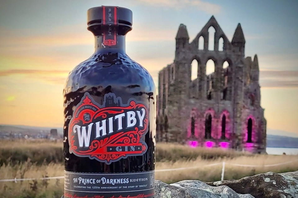 Whitby Distillery Rum in front of abbey